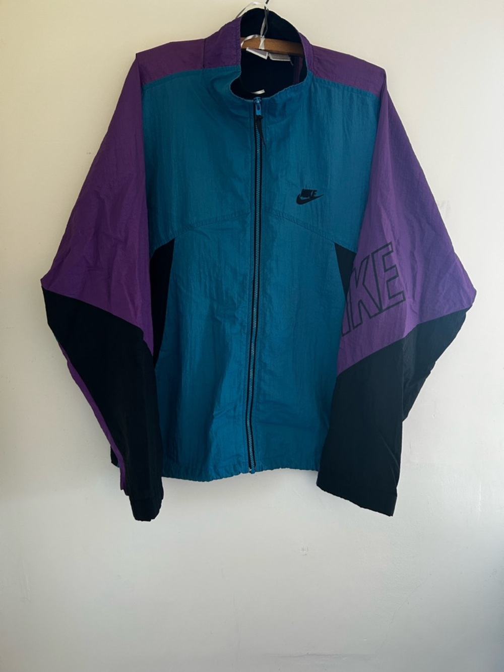 Vintage Retro Men's Nike Teal Purple Black Windbreaker Jacket Large
